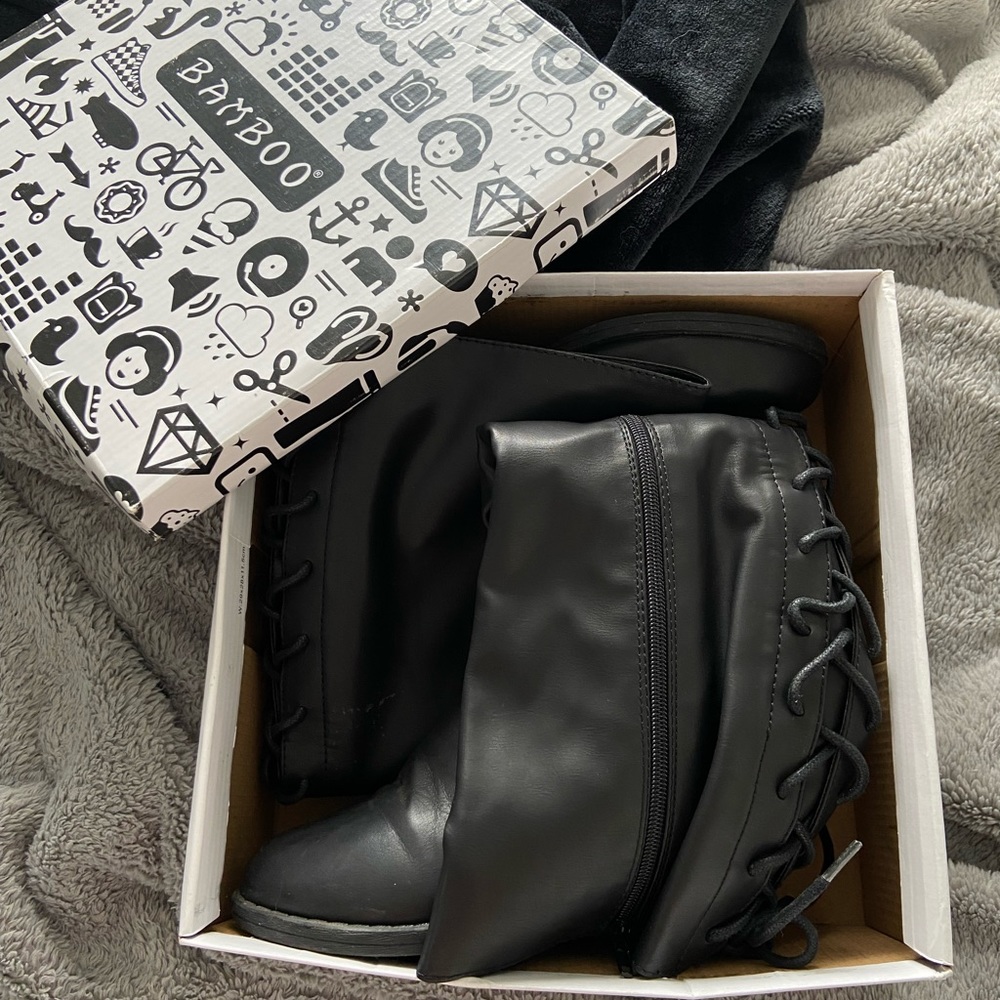 Womens High Black Tie up Boots with Zipper sides